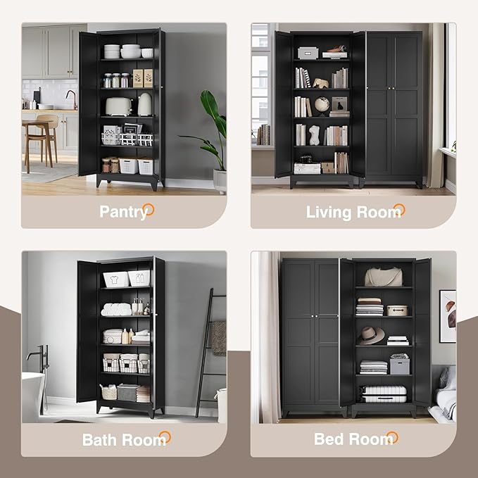 Yizosh Metal Pantry Cabinet, 75" Kitchen Pantry with 2 Door and 4 Adjustable Shelves,Black Metal Pantry Storage Cabinet,Cupboard for Kitchen,Dining Room,Living Room and Bathroom