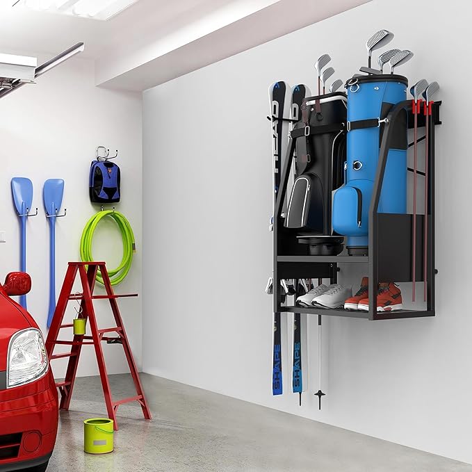 WALMANN Wall Mount Golf Bag Organizer, 2 Golf Bags Stand Golfing Equipment and Accessories Storage Rack for Garage Shed Basement