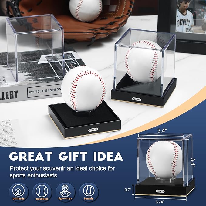 JupDec Baseball Display Case, Clear Acrylic Cube Baseball Holder with Durable Base, UV Protected Autograph Stand Box for Single Ball, Ideal Gift for Collector & Sports Enthusiast, Gold, 2 Pack