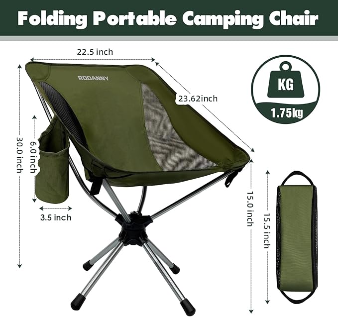 Camping Chairs, 360° Degree Swivel Folding Chairs,Portabl Outdoor Chairs for Travel Hiking Fishing lawns Picnic Hunting,Support 305 LBS,Lghtweight,Green