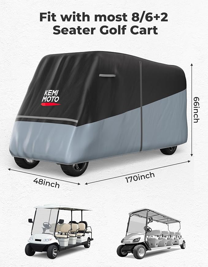 KEMIMOTO Golf Cart Cover, 2/2+2/4/4+2/6/6+2/8 Passenger Heavy Duty Golf Cart Rain Covers with Storage Bag Universal Compatible with EZGO Club Car
