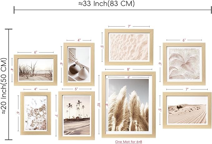 ArtbyHannah Gallery Wall Frame Set, 8 Pack Picture Frames Collage Wall Art Decor with Neutral Pampas Grass for Bedroom, Assorted Size Including 8"x10", 5"x7", 4"x6", 6"x6"(Beige Frame,Small)