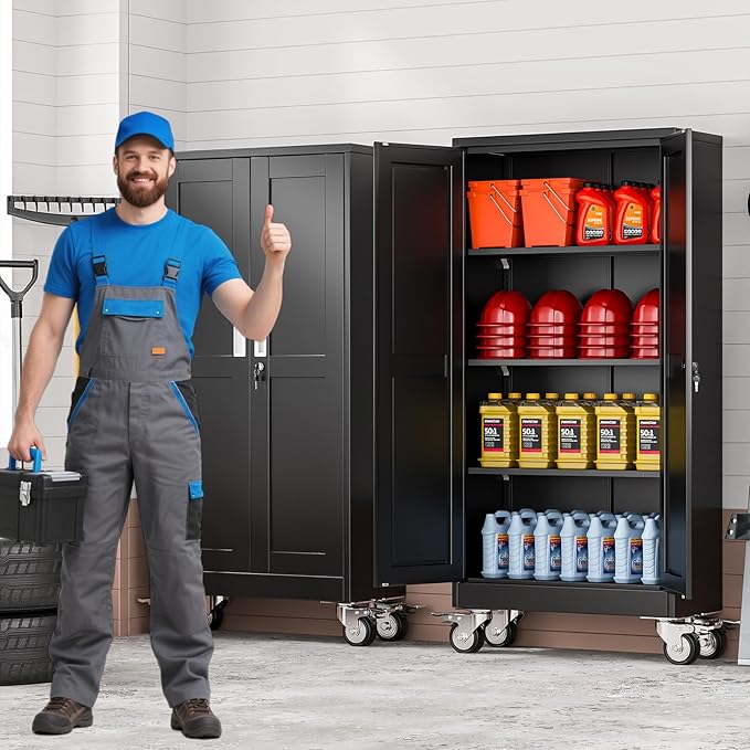 61" Tall Metal Garage Storage Cabinet with Wheels and Locking Doors and Tall Rolling Steel Tool Cabinet with 3 Adjustable Shelves for Garage,Home,Office,Shop (Black)