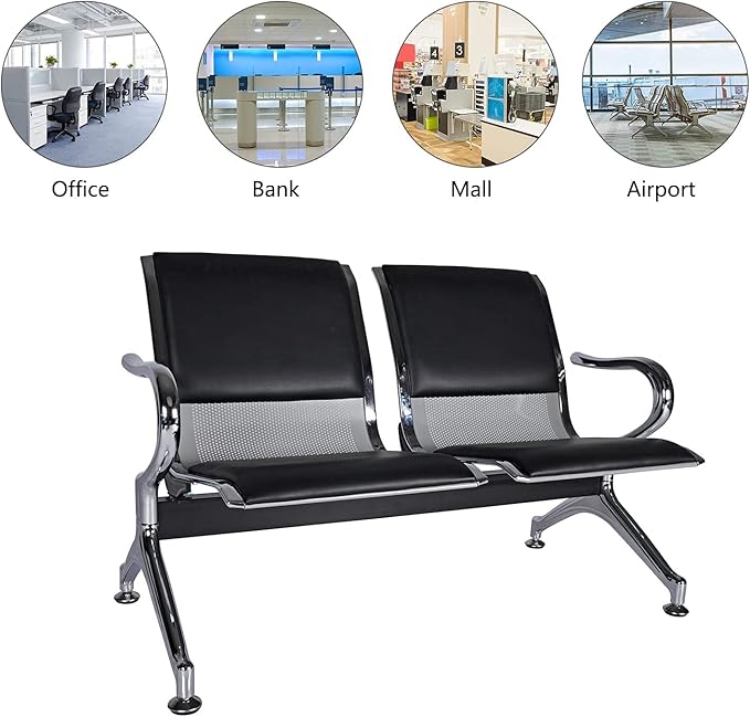 2-Seat Waiting Room Chairs - Waiting Room Bench with Arms Airport Reception Bench Guest Reception PU Leather Lobby Bench Waiting Area Chairs for Market Bank Hospital School, Black