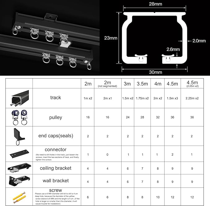 Aluminum Alloy Silent Curtain Tracks Ceiling Or Wall Mounted Curtain Rail Drapes Rail Room Dividers Sliding Curtain Rail (black, 4.5m(2.25m*2))