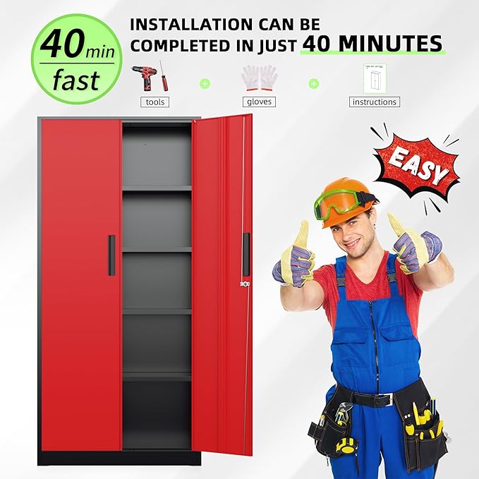 INTERGREAT Metal Storage Cabinet, 72" Locking Steel Cabinets with 2 Door and 4 Adjustable Shelves, Tall Metal Cabinet for Home Office, Garage, Warehouse,(Black+Red)