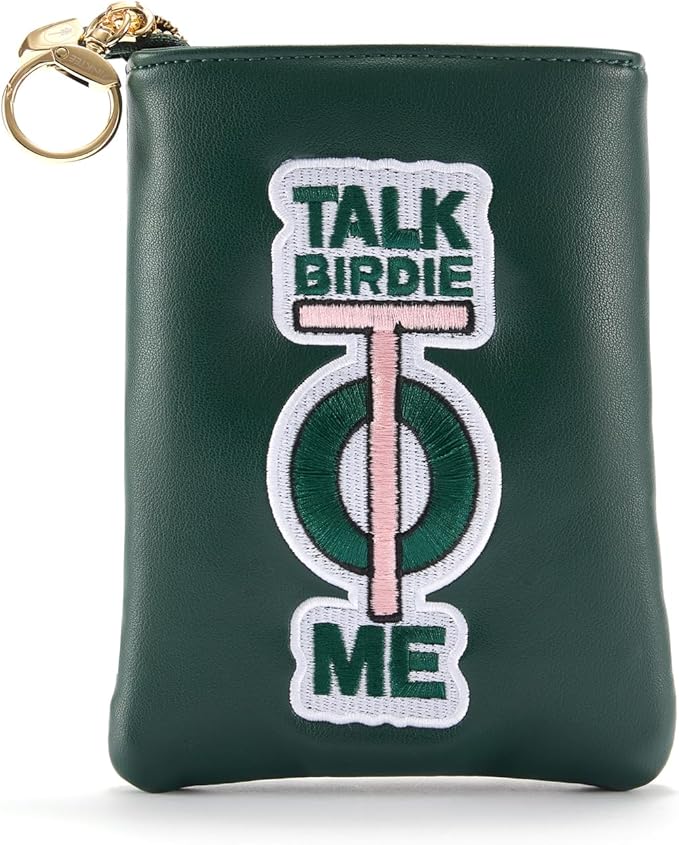 PINKTEE Golf Valuables Pouch Funny Golf Accessories Bag with Zipper Master Green Premiun Leather Golf Tee/Ball Pouch for Women Men (TALK BIRDIE TO ME, Pink stripe)