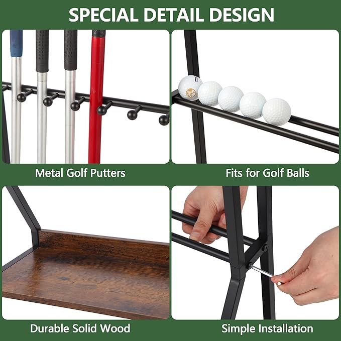 Golf Putter Stand for 9 Clubs & 9 Balls, Solid Wood & Iron Golf Club Rack, Golf Club Organizer Floor Stand, Golf Club Holder | Rustic Modern Design for Home, Office, Golf Course Accessories