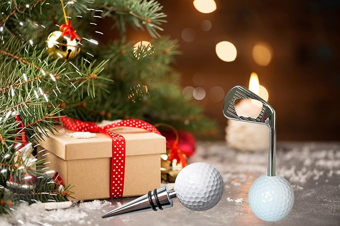Golf Ball Wine Stoppers - Opener & Bottle Stopper Set of 2, Decorative Top, Ideal Gift for Golf & Wine Lovers (Silver)