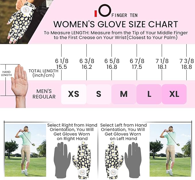 FINGER TEN Stylish Golf Gloves Women with Ball Marker 1 Pack for Left or Right Hand, Breathable Glove with Fashion Patterns for Ladies Right Left Handed Golfer