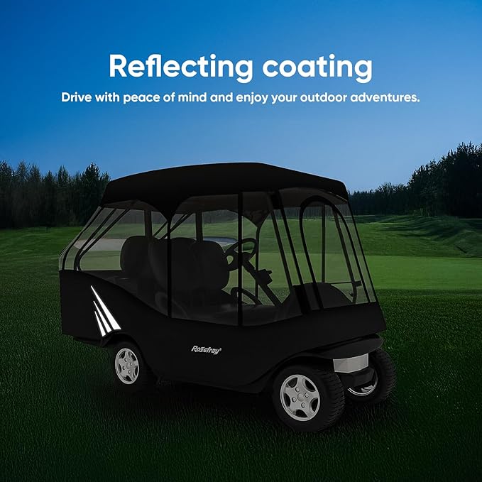 Rosefray Golf Cart Enclosure, 2+2 Drivable Rain Cover, Short Roof 58" - EZGO, Club Car - Durable Door Zipper - 4 Seater Golf Cart Cover Glowing at Night