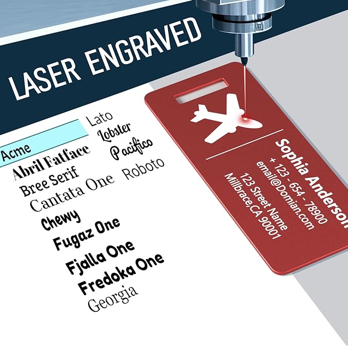 10 Personalized Metal Luggage Tags, Custom Suitcase Aluminum Name Tags with Steel Ring, Laser Engraved Name and Logo, for Travel, Backpack, Baggage, Golf Bag (Red)