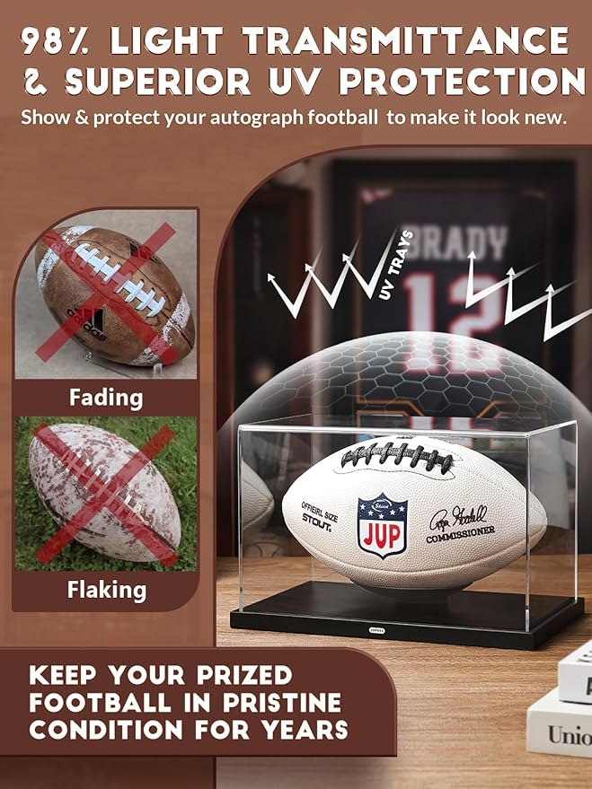 JupDec Football Display Case Full Size, Upgraded Clear Acrylic Box with Curved Cradle Holder & Solid Wood Base, Fits All Football Sizes, UV Protected Memorabilia Display for Collectors, Black