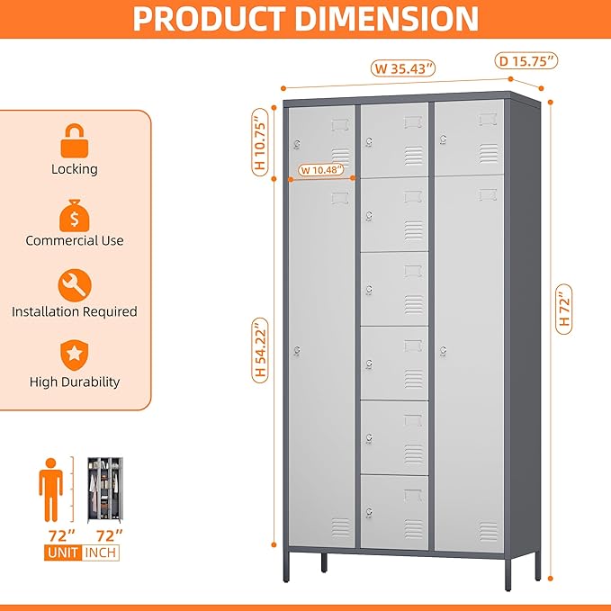 METAN Metal Locker for School Office Gym Bedroom, 10 Doors Steel Storage Locker Cabinet for Employees, Industrial Storage Locker, Assembly Required (Gray White)