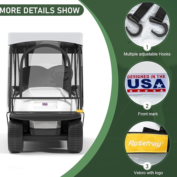 Rosefray Golf Cart Enclosure - 2+2 Drivable Rain Cover for Short Roof 58" EZGO, Club Car - Durable Door Zipper, 4-Sided Clear Windows (4 Seater)