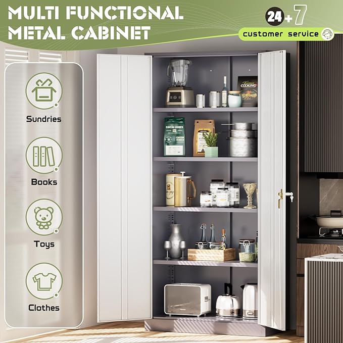SUNCROWN 72" Metal Storage Cabinet - Heavy-Duty Metal Garage Cabinet with 4 Adjustable Shelves & 2 Doors for Tools, Office, Home, Workshop,Grey & White