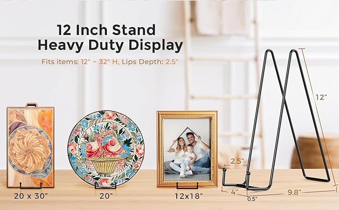 TR-LIFE 4 Pack 12 Inch Large Plate Stands/holder for Display - Metal Picture Frame Holder Stand + Easels for Platter, Book, Plaque, Photo, Table top Art