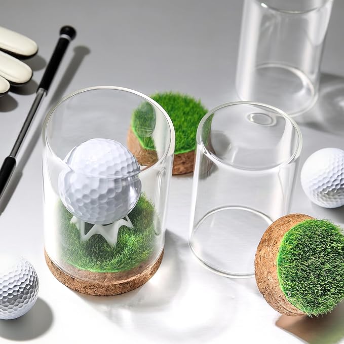 Rocalt Golf Ball Display Case, Hole in One Golf Ball Display Case, Clear Glass Golf Ball Holder with Cork Base, Lifelike Turf, and Plastics Tee, Golf Gifts Decor
