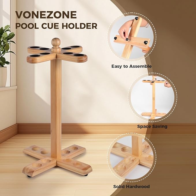 Pool Stick Holder Golf Club Rack Floor Stand Cue Holder, Wooden Independent Golf Storage Billiard Cues Rack, Hold 8 Cues or Golf Clubs, Easy Assembly for Billiards Room Club Billiard Cue Racks