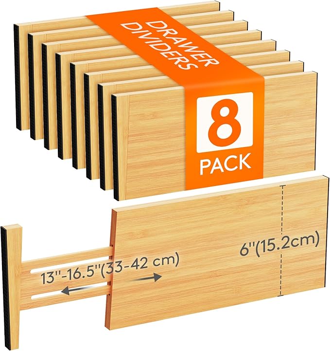 Lifewit 8 Pack 6" Deep Bamboo Drawer Dividers, 13-16.5" Expandable Drawer Organisers for Clothes, Adjustable Dresser Drawer Divider, Clothing Drawers Separators for Dresser, Bedroom, Bathroom, Office