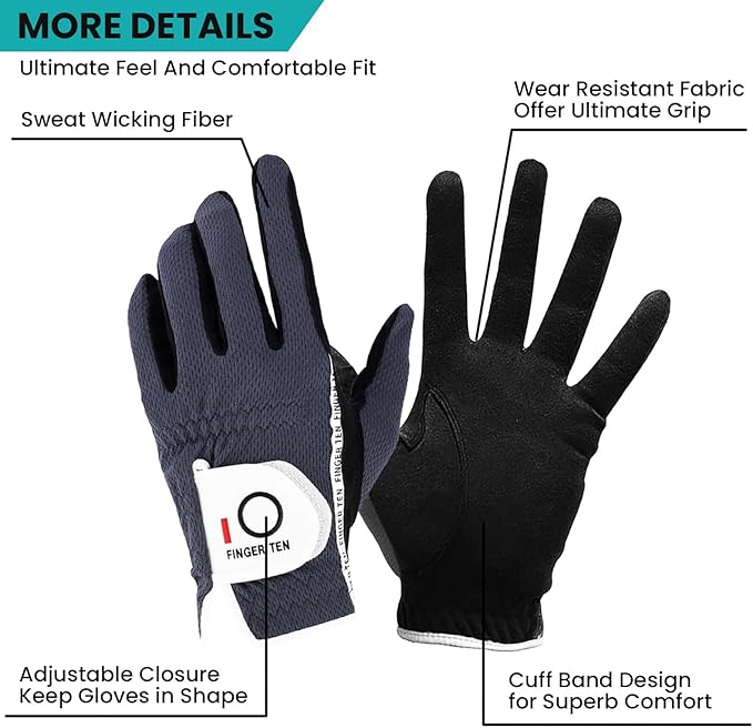 FINGER TEN Men's Golf Gloves for Right Left Handed Golfer Rain Grip Value 2 Pack, Golf Glove for Left or Right Hand Hot Wet Weather No Sweat Black Gray White Blue