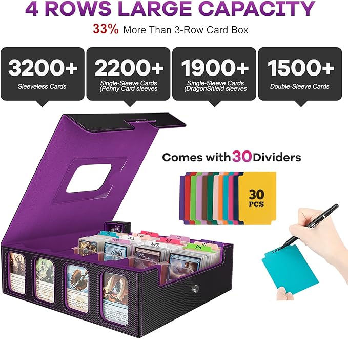 Trading Card Storage Box - 3200+ MTG Deck Box with Commander Display & Portable Handle, 4-Row Card Case Compatible for MTG/TCG/Magic Cards, 30 Colorful Divider, 8 Card Supporters (Black & Purple)