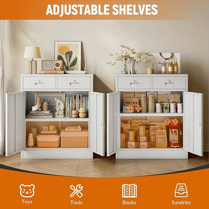 BESFUR 36" H Metal Storage Cabinet with 2 Lockable Drawers and 2 Lockable Doors, White Locking Cabinet with Adjustable Shelf, Metal Cabinet for Home Office, Garage,School, Warehouse, Utility Room