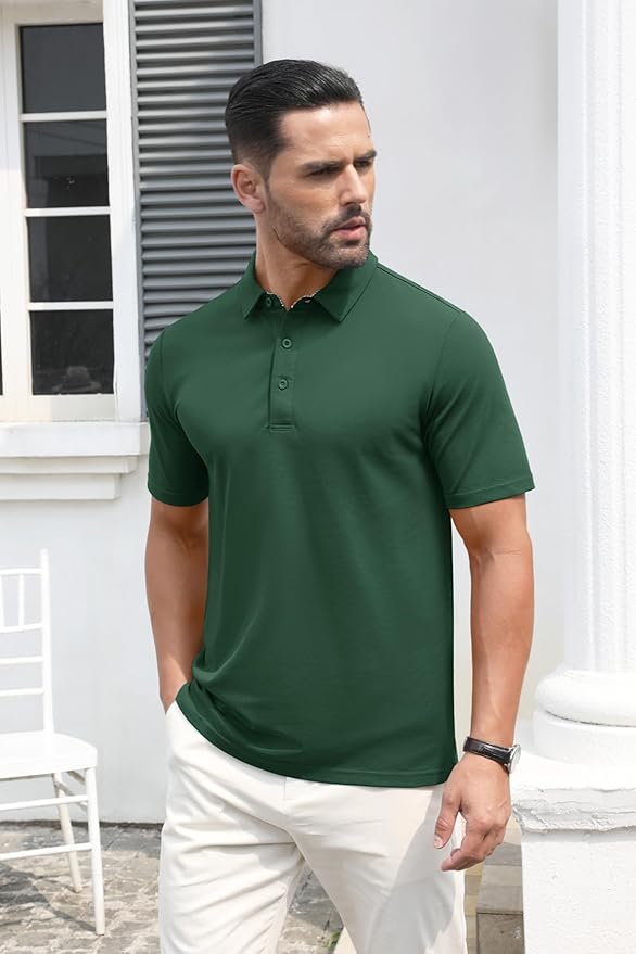 MAGCOMSEN Men's Polo Shirts Short Sleeve Cotton Pique 3 Button Classic Fit Casual T-Shirt Performance Golf Shirts