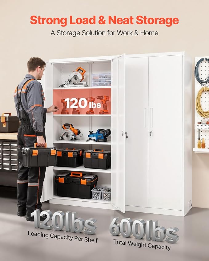 VEVOR Metal Storage Cabinet, Lockable Steel Garage Cabinet with Adjustable Shelves, 2 Magnetic Doors, 2 Keys, 5-Tiers Tool Storage Locker for Home,Office,School,Pantry,Warehouse,Basement,Laundry,White