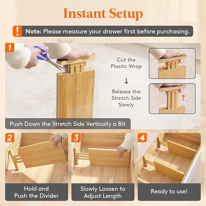 Lifewit 4 Pack 6" Deep Bamboo Drawer Dividers, 13-16.5" Expandable Drawer Organisers for Clothes, Adjustable Dresser Drawer Divider, Clothing Drawers Separators for Dresser, Bedroom, Bathroom, Office