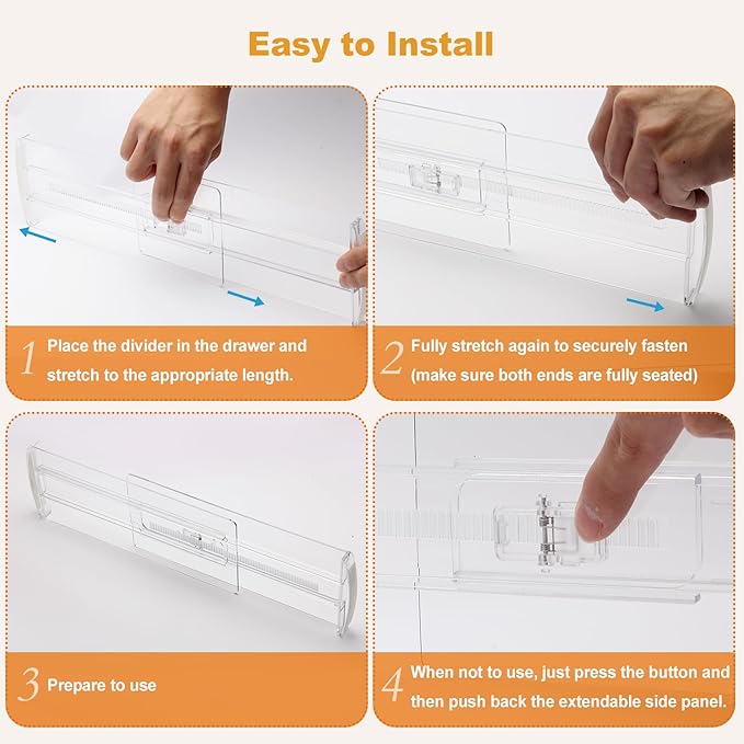 6 Pack Drawer Dividers for Clothes, 4" High 10"-17" Adjustable Drawer Dividers Expandable Dresser Drawer Organizer, Clear Drawer Separators for Clothes, Underwear, Cosmetic, Kitchen Utensils Storage