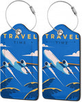 2 Pack Luggage Tags,Leather Suitcase Tags with Privacy Cover Name Address Labels& Durable Steel Loop for Men/Women Travel Bag Suitcases(Time to Travel Retro)