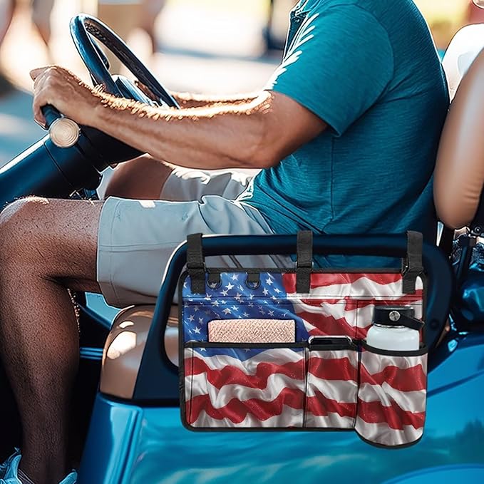 American Flag Golf Cart Bag, Golf Cart Rear Seat Organizer with Open Pockets for Golf Balls & Bottles