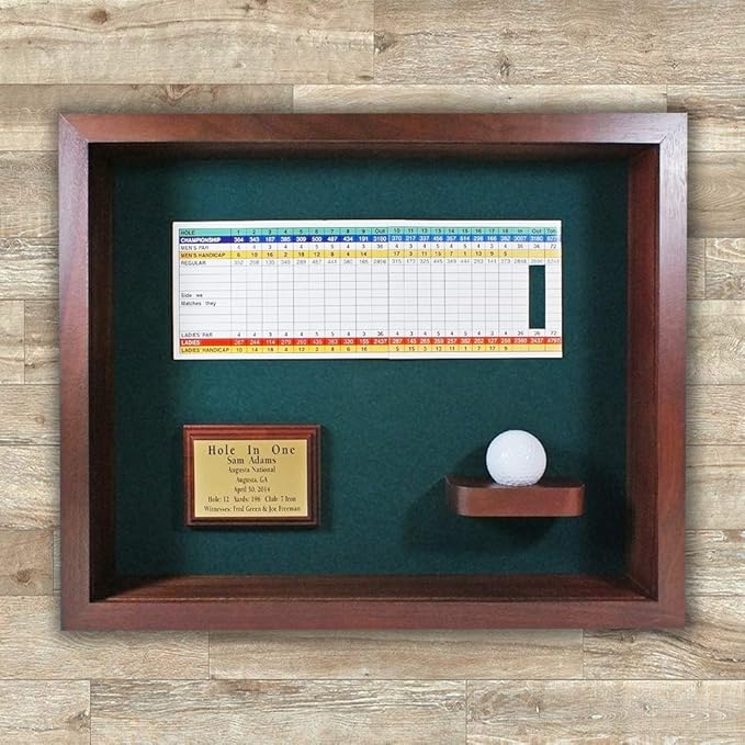 Hole in One Shadowbox and Golf Ball Display Case | Personalized Engraved Plate | Holds Golf Ball and Scorecard or Photo | Horizontal Layout | Cherry Finish | Wall Mounted