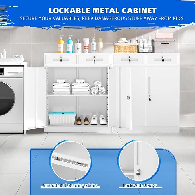 INTERGREAT Metal Garage Storage Cabinet, 36" Locking Counter Cabinet with 2 Locking Doors and 2 Adjustable Shelves, Small Steel Cabinet for for Home Office, Gym, School(White)