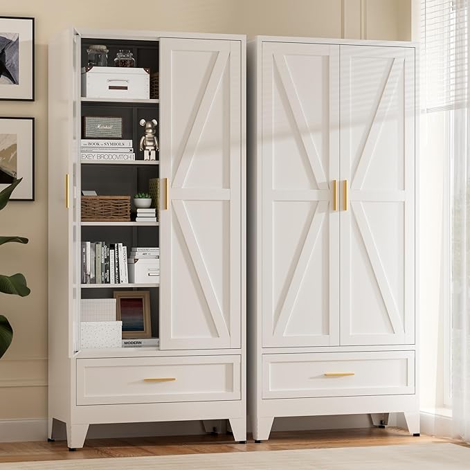 71"Tall Metal Storage Cabinet with Drawer and 4 Adjustable Shelves,Farmhouse Kitchen Pantry Storage Cabinet with Doors, Freestanding White Locker Cabinets for Office,Dining Room,Bathroom(White)
