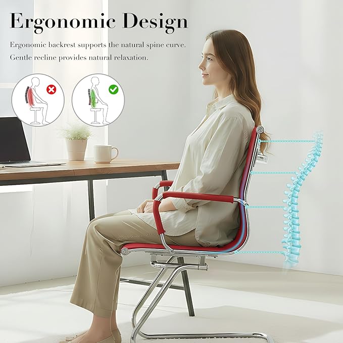CIMOTA Waiting Room Chairs Leather Office Guest Chair Mid Back Reception Chairs with Sled Base for Meeting/Patient/Conference Room, Red Set of 2