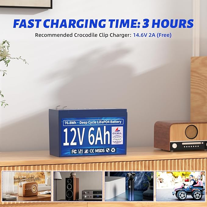 12V 6Ah LiFePO4 Lithium Battery, 6A BMS 76.8W Output Power, 4000+ Deep Cycles & 10 Years Lifetime, Low Self-Discharge, for Fish Finder, Toy Car, Security Camera, Camping, Garage Door Opener, Solar