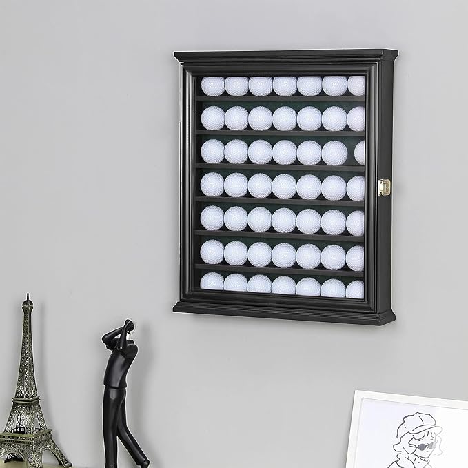 49 Golf Ball Display Case Wall Mount Cabinet Lockable Real Glass Door Solid Wood Frame 98 UV Protection Great Golfer Gift 17.4" H x 14.5" W x 3" D Indentations to Prevent Rolling