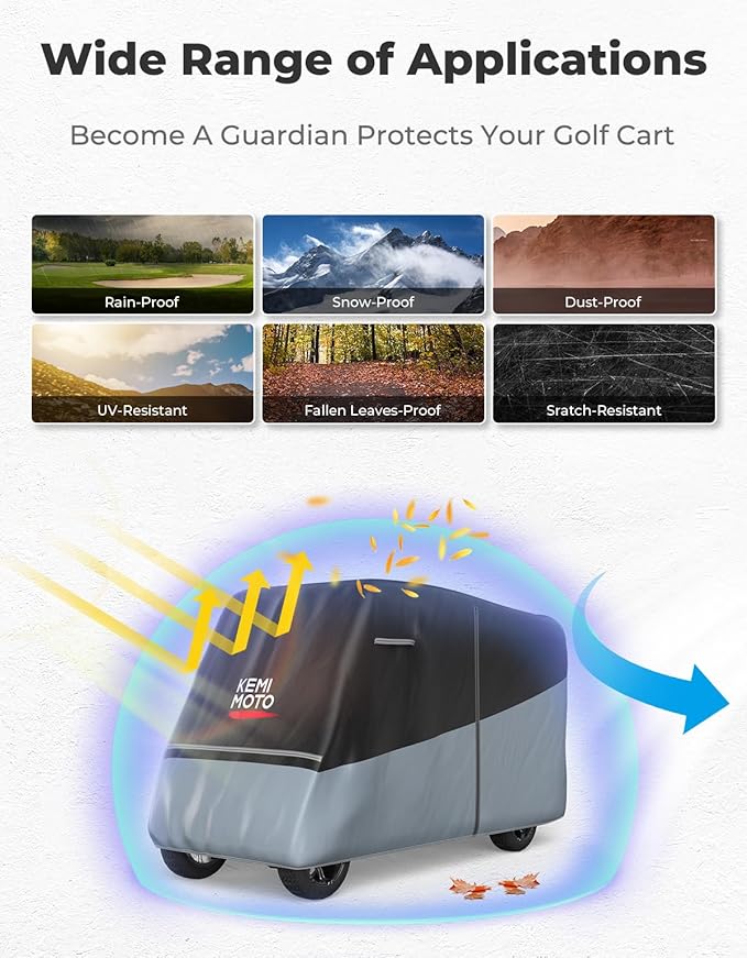 KEMIMOTO Golf Cart Cover, 2/2+2/4/4+2/6/6+2/8 Passenger Heavy Duty Golf Cart Rain Covers with Storage Bag Universal Compatible with EZGO Club Car