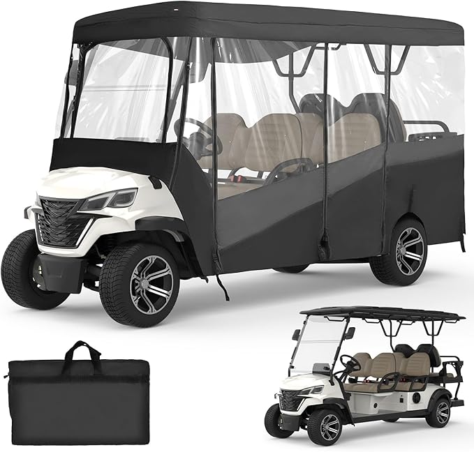 KEMIMOTO Golf Cart Enclosure, 4&6 Passenger Golf Cart Rain Cover, 600D Waterproof Driving Enclosure with Clear PVC Windshield for Extended Roof Cart