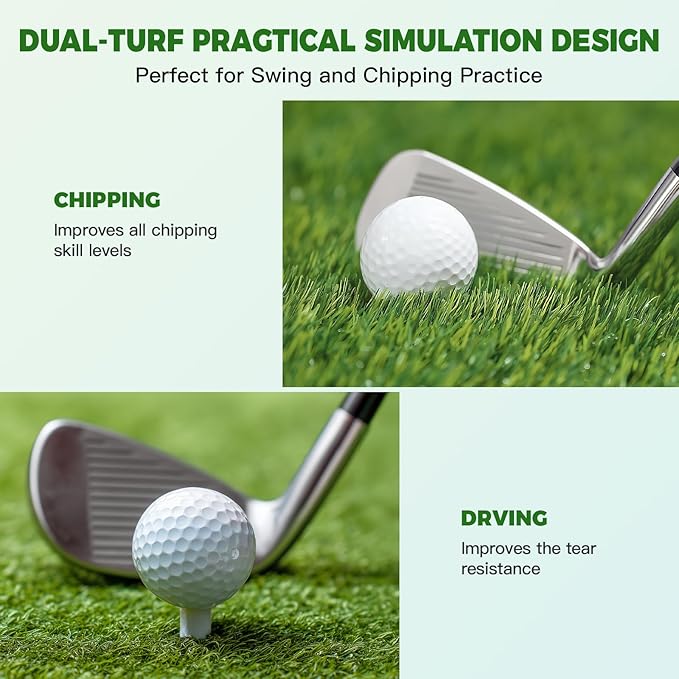 Premium Dual-Turf Golf Hitting Mat with 10mm EVA Foam & Rubber Backing, Non-Slip Anti-Deformation Heavy-Duty Design for Realistic Indoor/Outdoor Swing and Chipping Practice, Ideal Gift for Golfers