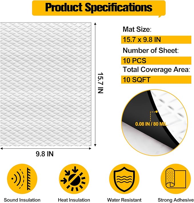 MYFAMIREA 10 sqft Car Sound Deadening, Sound Deading Material Mat for Car 80mil(2mm), Butyl Automotive Sound Deadening with Self-Adhesive, Noise Insulation and Dampening, Auto Deadener for Trunk, 10P