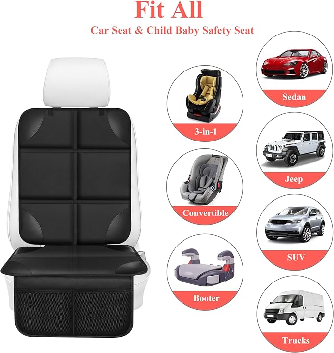 Car Seat Protector for Child, Thick Padding Seat Protector Under Baby, 600D Waterproof Non-Slip Fabric for Child and Pet with Pockets (Black 2 pcs)