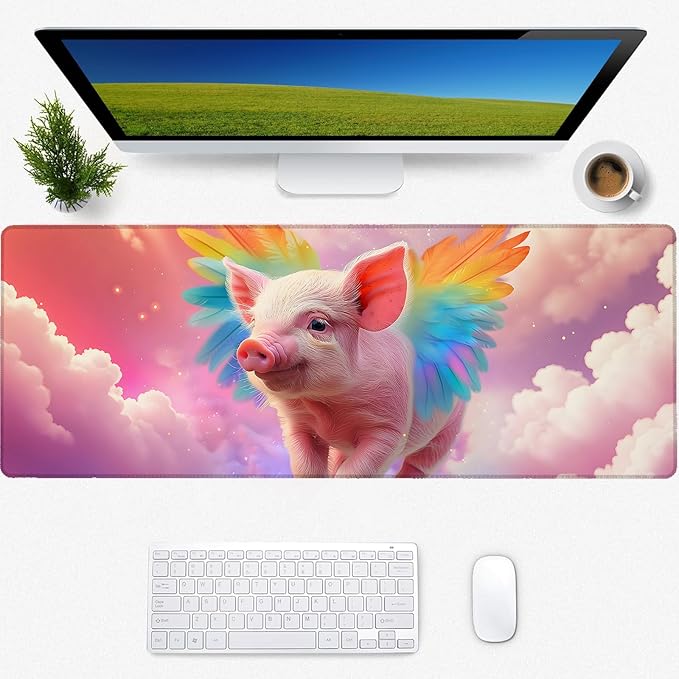 Rainbow Pink Pig Gaming Mouse Pad, Desk Mat, Non-Slip Rubber Base Cool Aesthetic MousePads for Computer Laptop Keyboard Office School Home Desktop Accessories Decor 31.5" x 11.8"