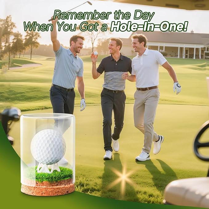 Rocalt Golf Ball Display Case, Hole in One Golf Ball Display Case, Clear Glass Golf Ball Holder with Cork Base, Lifelike Turf, and Plastics Tee, Golf Gifts Decor