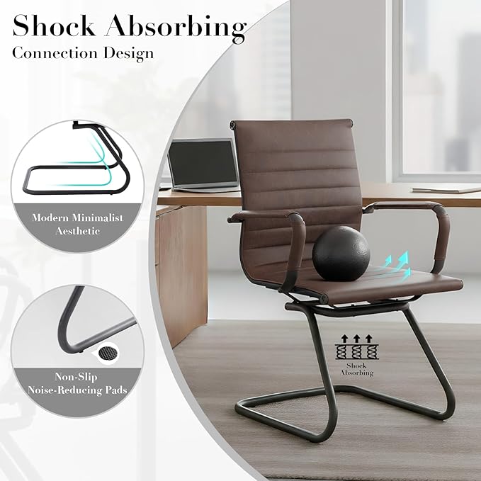 CIMOTA Waiting Room Chairs Set of 2 Leather Office Guest Chair Mid Back Reception Chairs with Sled Base for Meeting/Patient/Conference Room, Retro Brown, 2PCS