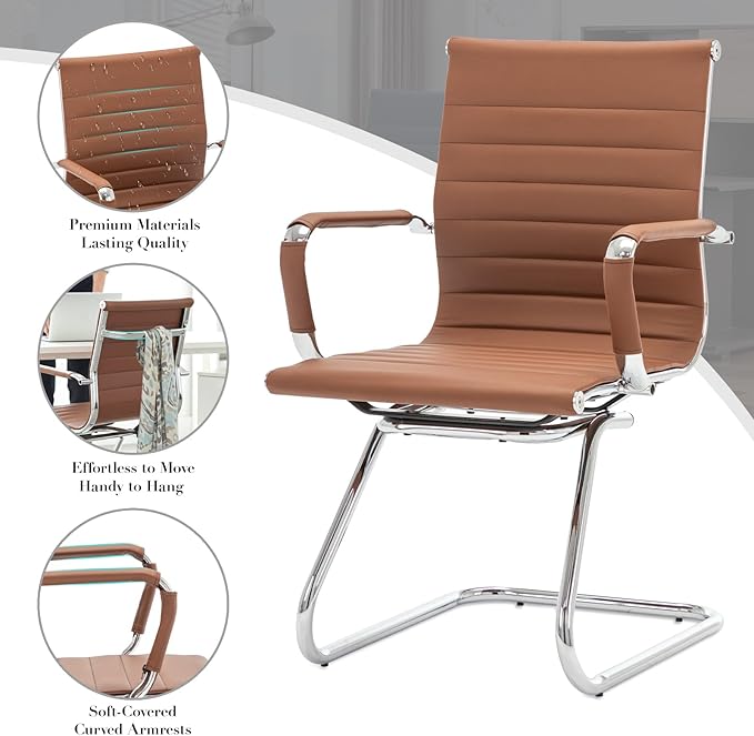 CIMOTA Waiting Room Chairs Set of 6 Leather Office Guest Chair Mid Back Reception Chairs with Sled Base for Meeting/Patient/Conference Room, Coffee, 6PCS