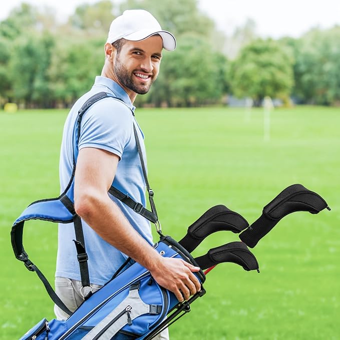 Golf Club Head Covers for Fairway Woods Driver Hybrids 3 Pieces Long Neck Mesh Sports Fan Golf Club Headcovers Set with Interchangeable No. Tags 3 4 5 6 7 X Golf Accessories for Men Women