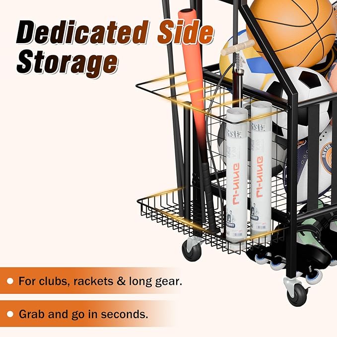 Sports Equipment Organizer Pro, Heavy Duty Golf Bags Stand, Extra Large Ball Storage Rack for Garage, Sports Gear Storage with Pegboard and Hooks, 360° Swivel Wheels